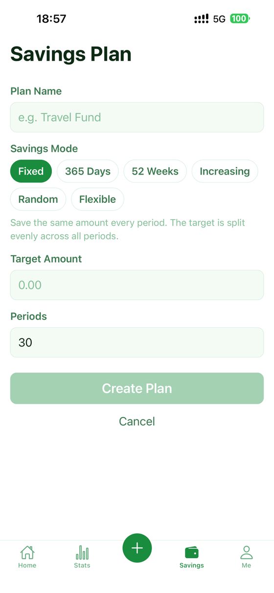 A savings plan being set up, with a mode, a target amount and a number of periods.